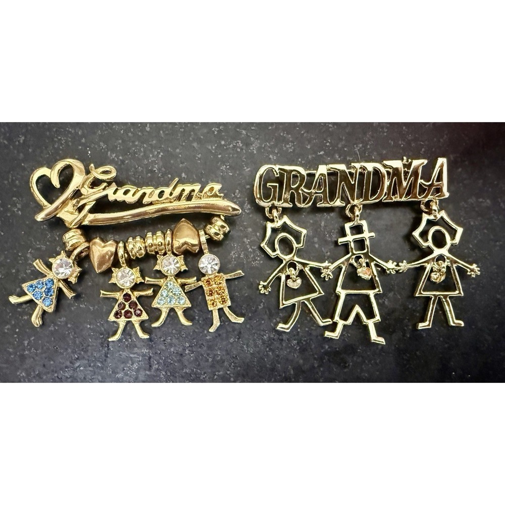 2 Vintage K.I.S. Grandma Gold Tone Brooch Pins Grandchildren Rhinestone Lot